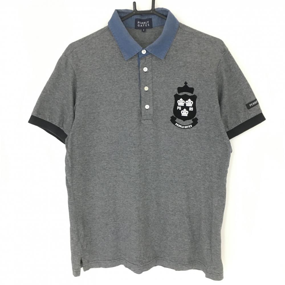 パーリーゲイツ 半袖ポロシャツ 黒×ダスティブルー系 コットン100％ フロッキープリント メンズ ６(ＸＸＬ) ゴルフウェア PEARLY GATES
