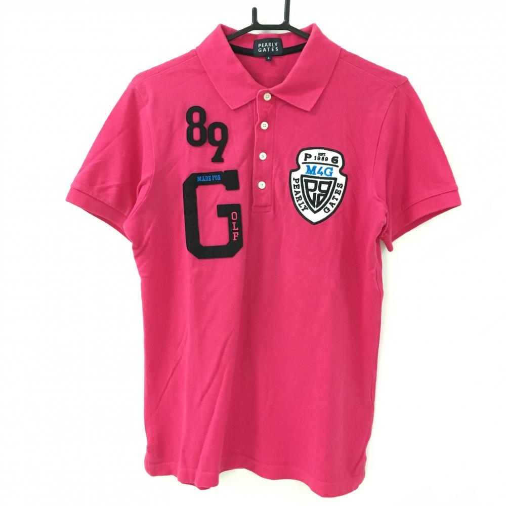 パーリーゲイツ 半袖ポロシャツ ピンク×黒 フェルトワッペン コットン100% メンズ 4(M) ゴルフウェア PEARLY GATES