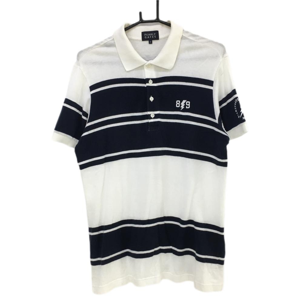 パーリーゲイツ ニット半袖ポロシャツ ネイビー×白 ランダムボーダー 日本製 コットン100％ メンズ 5(L) ゴルフウェア PEARLY GATES 画像