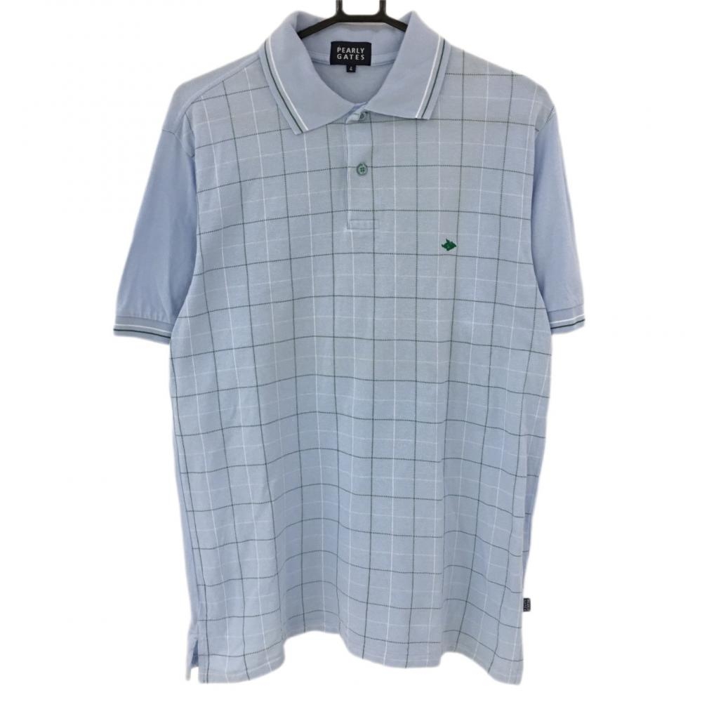パーリーゲイツ 半袖ポロシャツ ライトブルー×グリーン×白 チェック  メンズ 4(M) ゴルフウェア PEARLY GATES