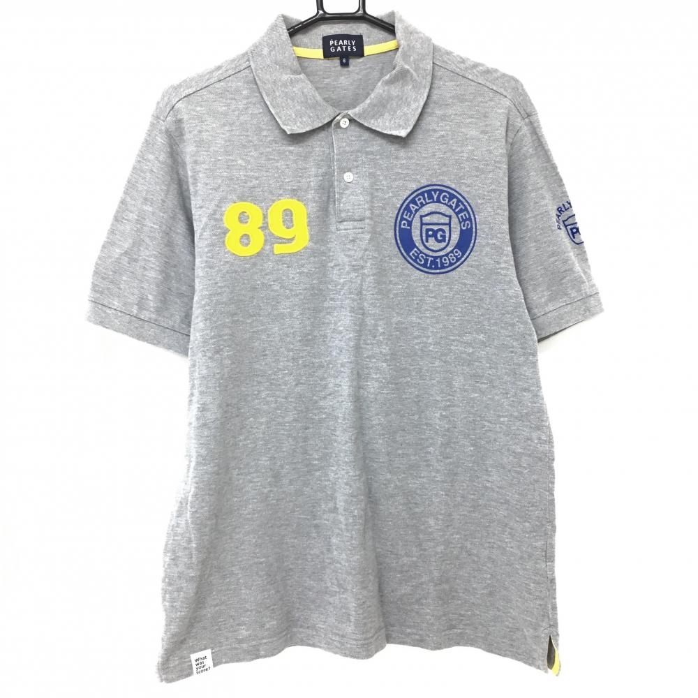 パーリーゲイツ 半袖ポロシャツ グレー×ブルー バックロゴ コットン100％ 日本製 メンズ 6(XL) ゴルフウェア PEARLY GATES
