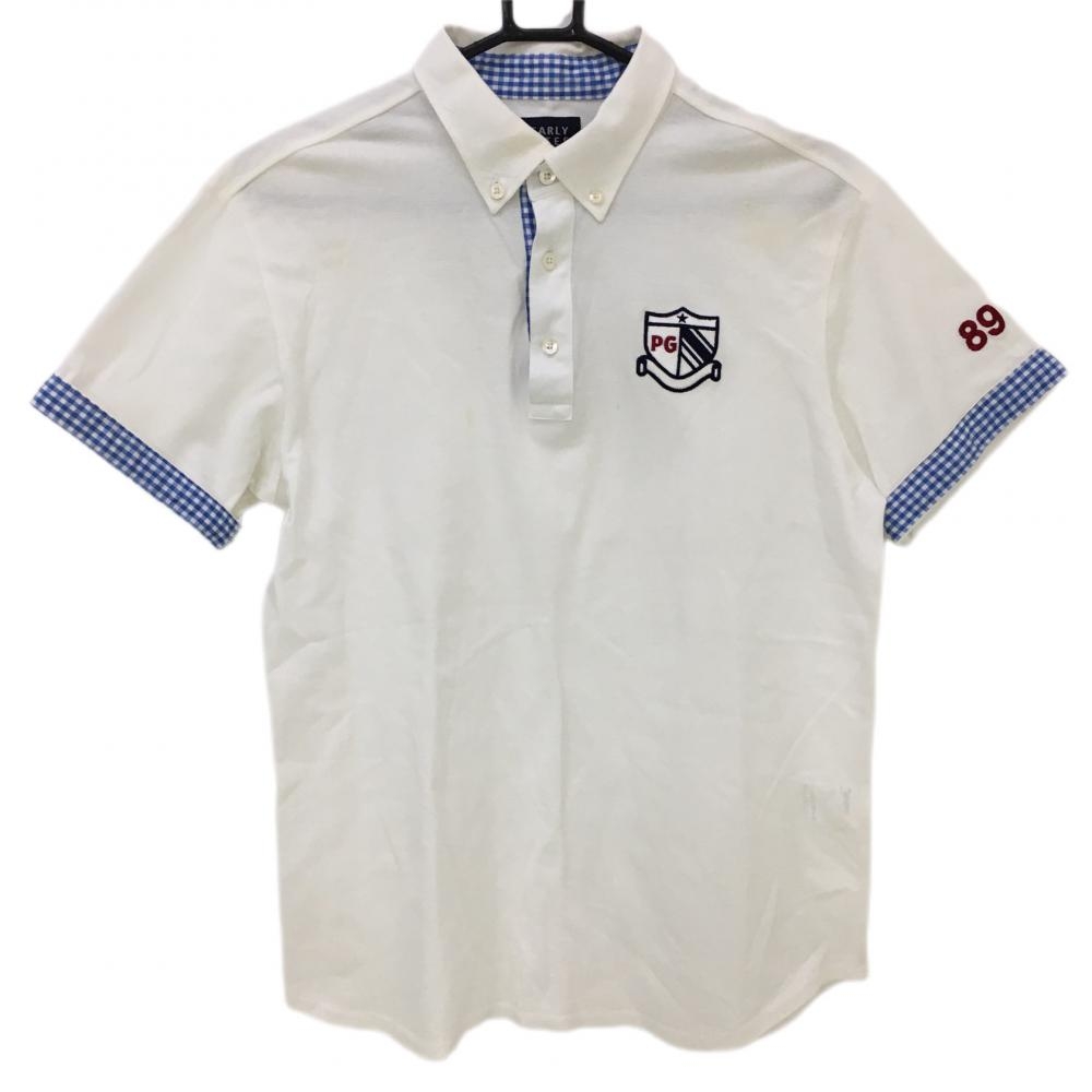 パーリーゲイツ 半袖ポロシャツ 白×ブルー 袖口ギンガムチェック ボタンダウン コットン100％  メンズ 6(XL) ゴルフウェア PEARLY GATES