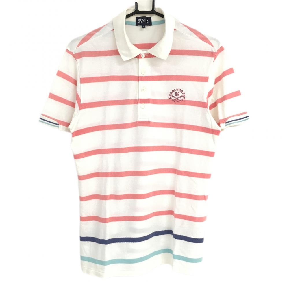 パーリーゲイツ 半袖ポロシャツ 白×ピンク ボーダー コットン100％  メンズ 4(M) ゴルフウェア PEARLY GATES 画像