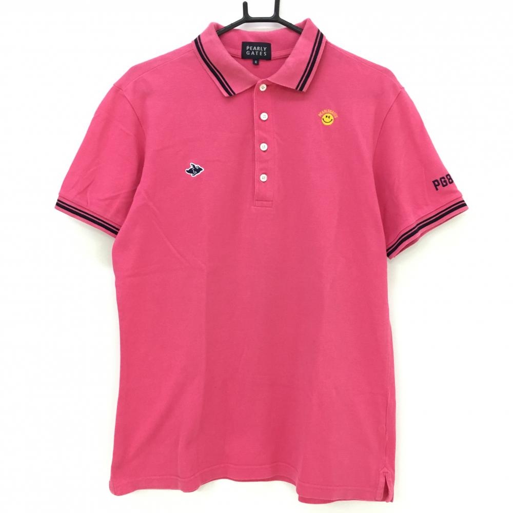 【美品】パーリーゲイツ 半袖ポロシャツ ピンク×ダークネイビー ニコちゃん スマイル  メンズ 6(XL) ゴルフウェア PEARLY GATES