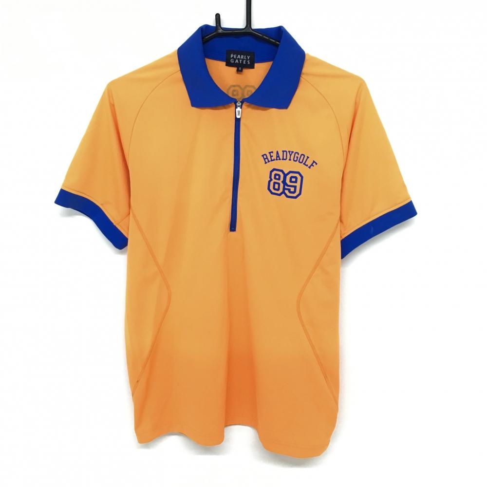 パーリーゲイツ 半袖ポロシャツ オレンジ×ブルー ハーフジップ 後ろミニポケット付 メンズ 5(L) ゴルフウェア PEARLY GATES