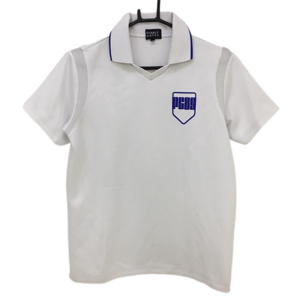 パーリーゲイツ 半袖ポロシャツ 白×ブルー 一部メッシュ フロッキーロゴ  メンズ 4(M) ゴルフウェア PEARLY GATES 画像