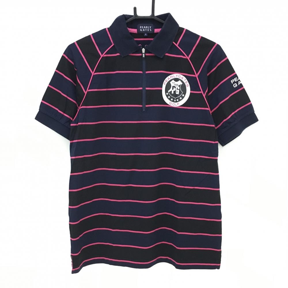 パーリーゲイツ 半袖ポロシャツ ネイビー×黒×ピンク ボーダー ハーフジップ  メンズ 4(M) ゴルフウェア PEARLY GATES