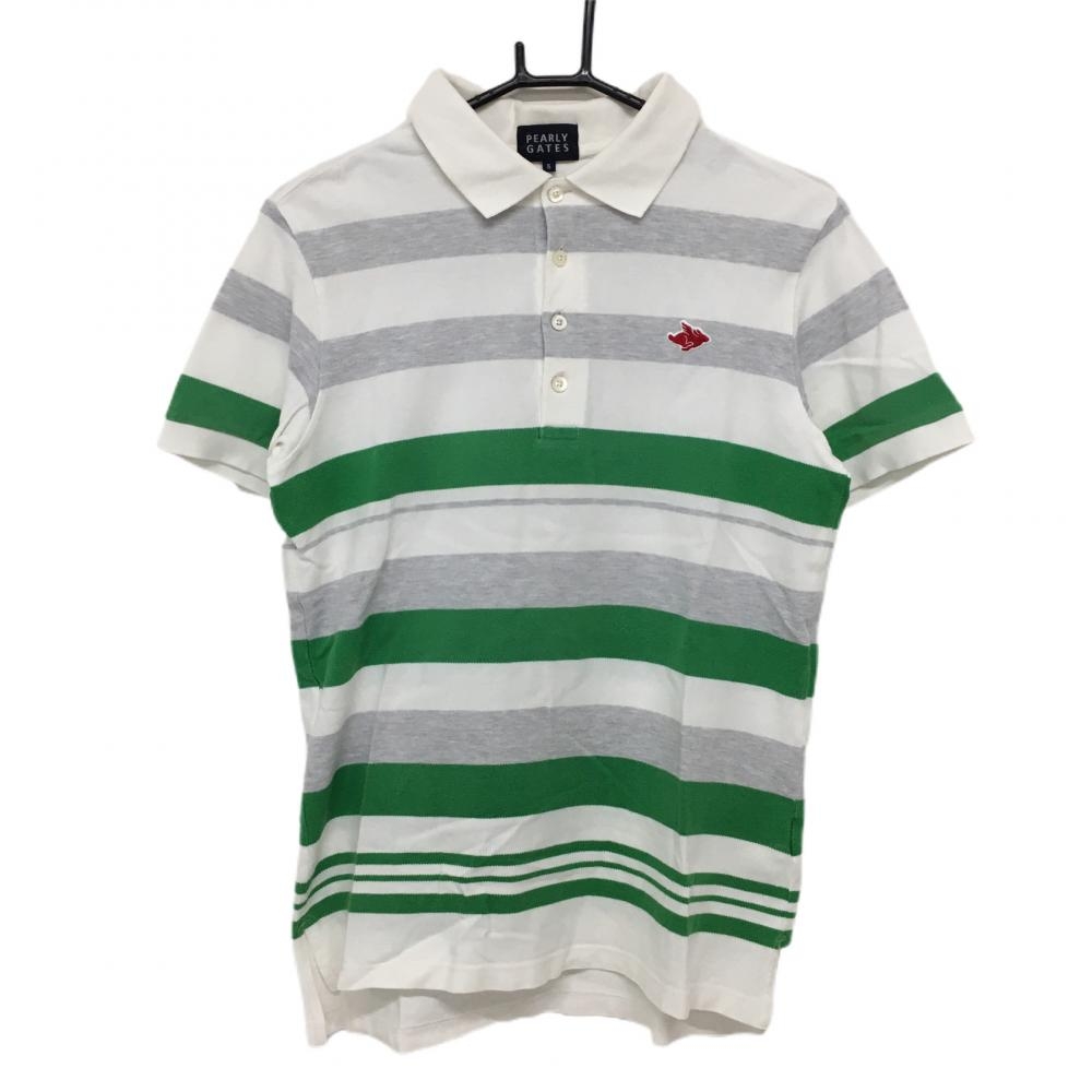 パーリーゲイツ 半袖ポロシャツ 白×グリーン 太ボーダー コットン100％ 日本製  メンズ 5(L) ゴルフウェア PEARLY GATES