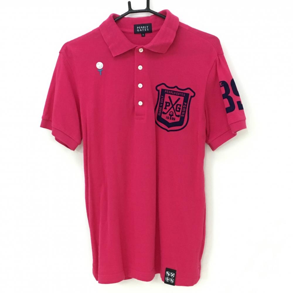 【美品】パーリーゲイツ 半袖ポロシャツ ピンク×ネイビー 襟裏ボーダー コットン100％ 日本製 メンズ 5(L) ゴルフウェア PEARLY GATES