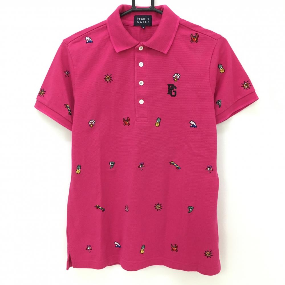 【超美品】パーリーゲイツ 半袖ポロシャツ ピンク×マルチ ウェザー柄 日本製 コットン混 メンズ 4(M) ゴルフウェア PEARLY GATES