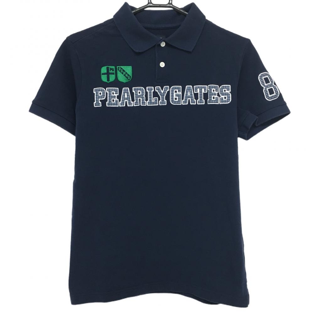 パーリーゲイツ 半袖ポロシャツ ネイビー×白 ロゴチェックワッペン  メンズ 5(L) ゴルフウェア PEARLY GATES