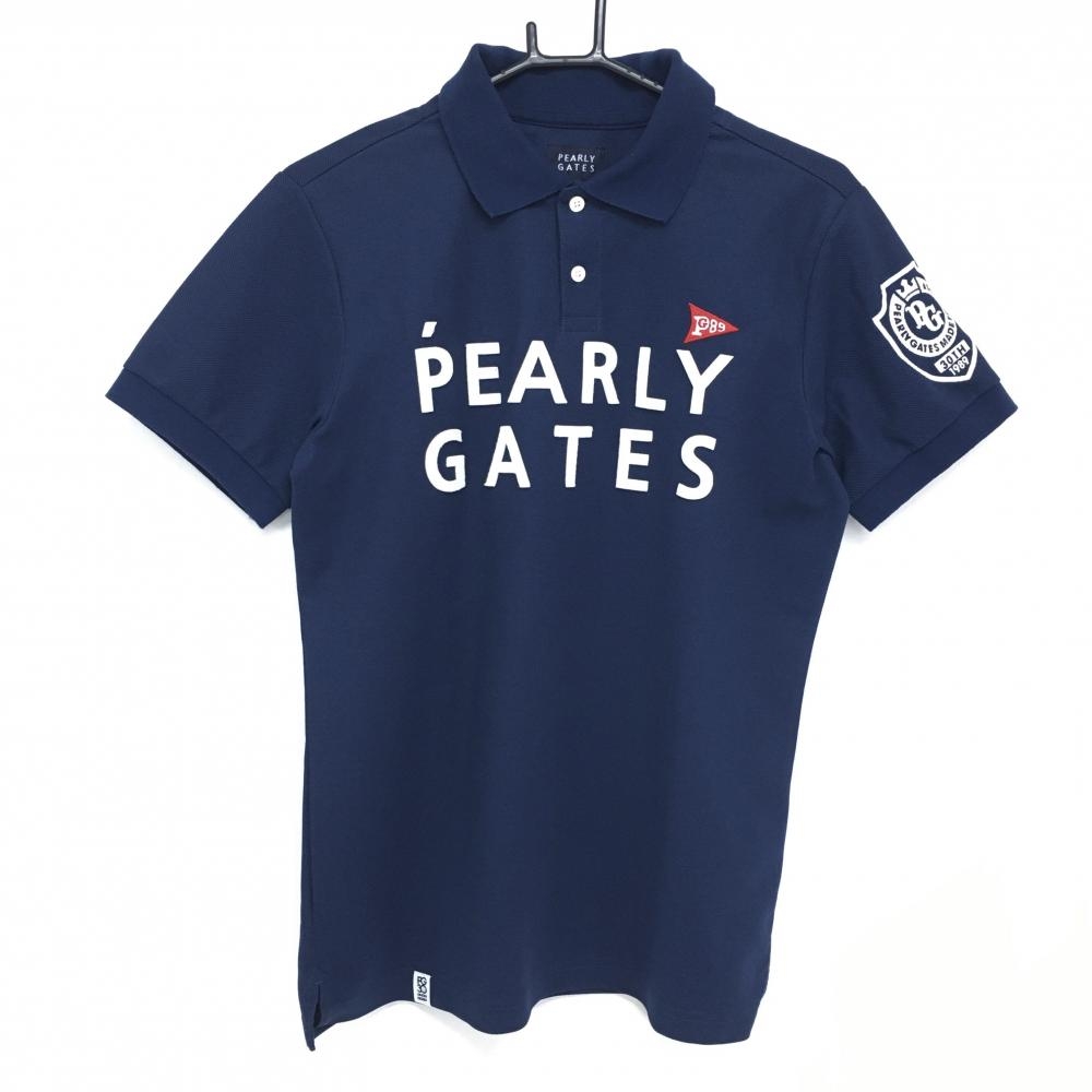 【美品】パーリーゲイツ 半袖ポロシャツ ネイビー×白 ロゴフェルト メンズ 5(L) ゴルフウェア PEARLY GATES