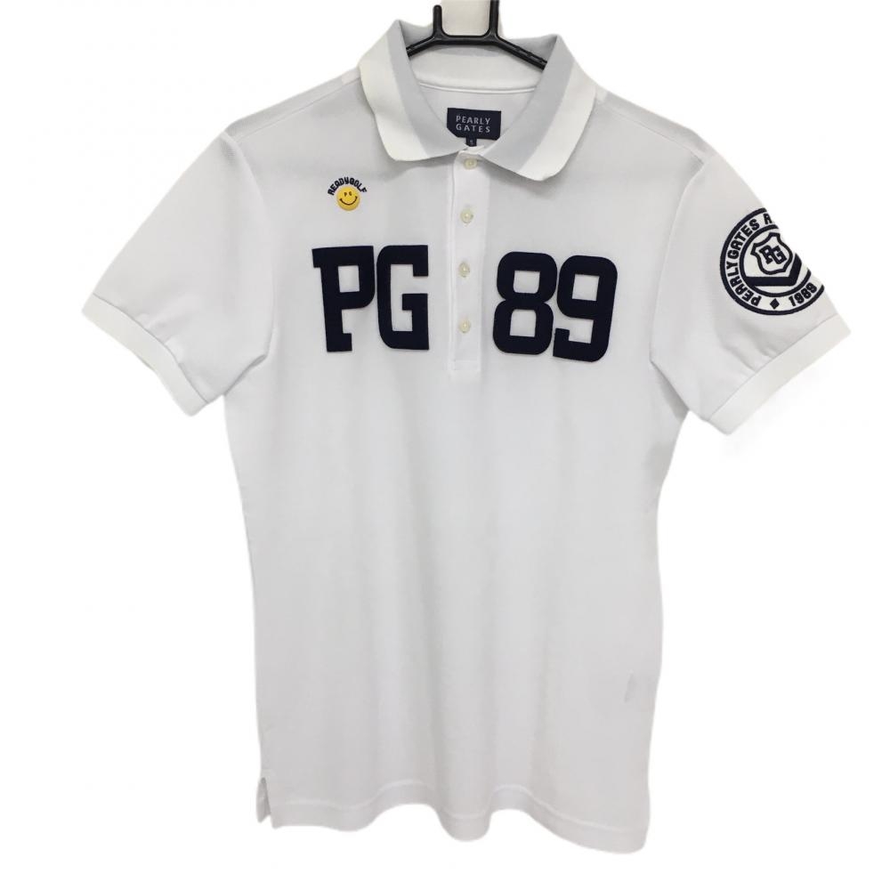 パーリーゲイツ 半袖ポロシャツ 白×ネイビー ニコちゃん 袖刺しゅうワッペン スマイル メンズ 5(L) ゴルフウェア PEARLY GATES