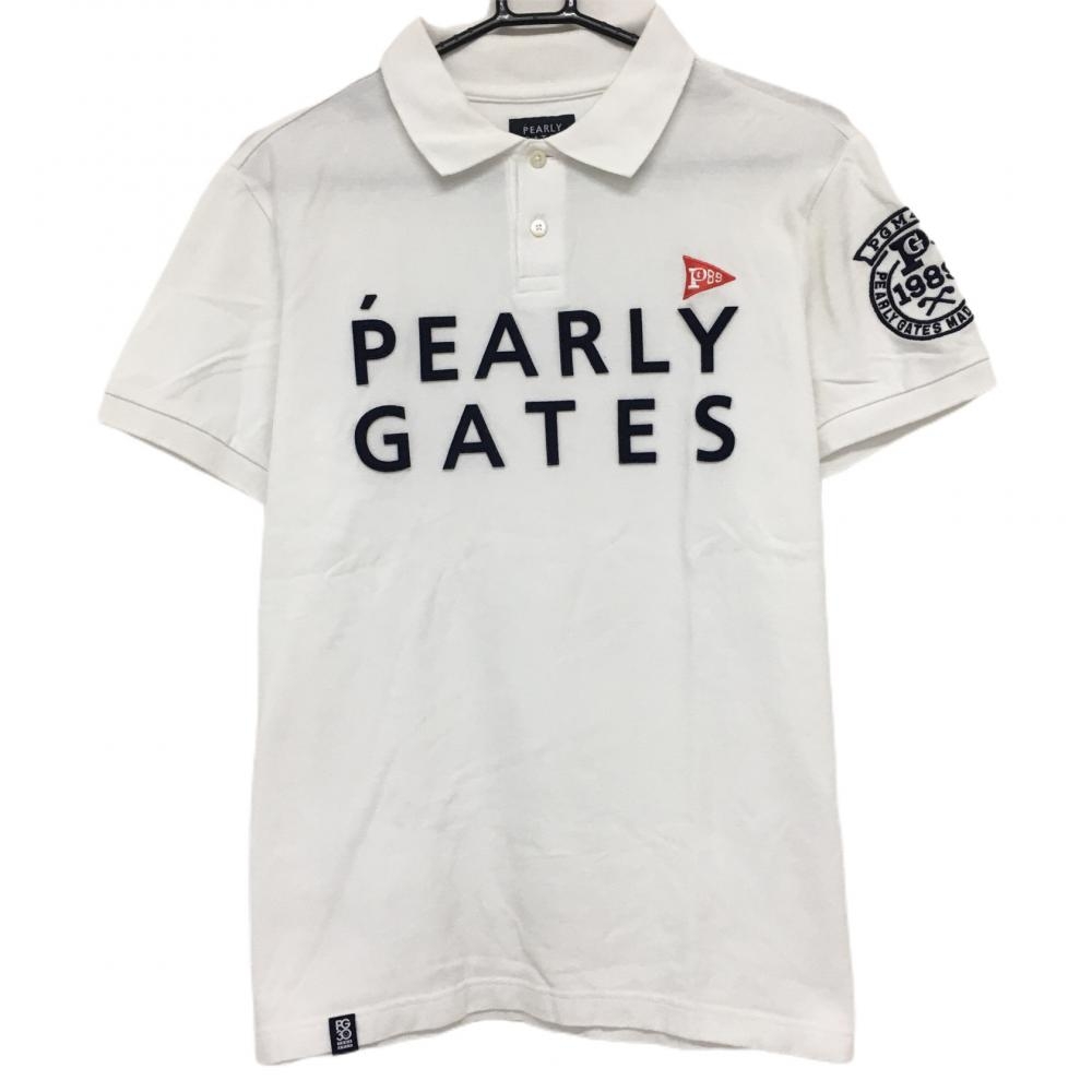 【美品】パーリーゲイツ 半袖ポロシャツ 白×ネイビー フェルトロゴ メンズ 5(L) ゴルフウェア PEARLY GATES