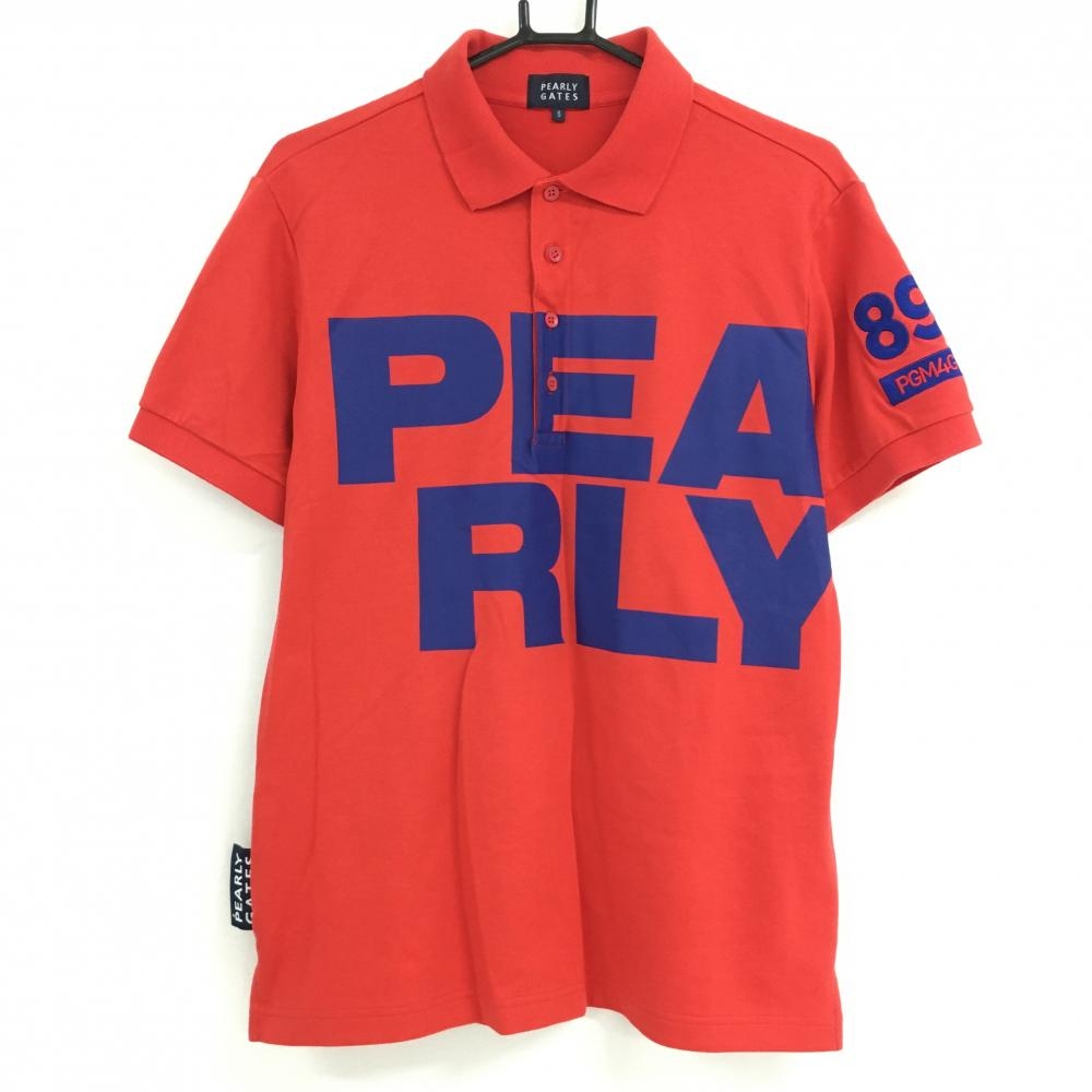 【超美品】パーリーゲイツ 半袖ポロシャツ レッド×ネイビー ビッグロゴプリント メンズ 5(L) ゴルフウェア PEARLY GATES