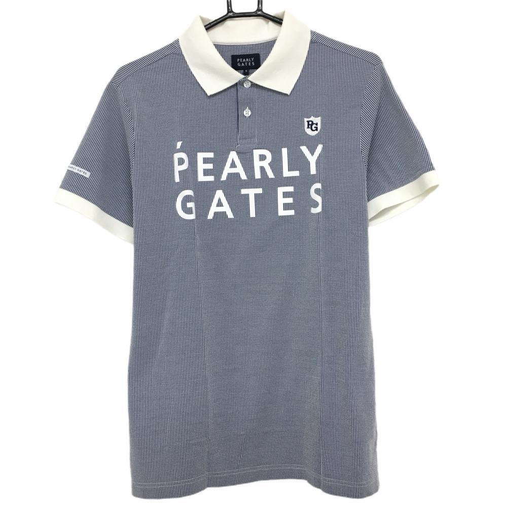 【超美品】パーリーゲイツ 半袖ポロシャツ ネイビー×白 細ストライプ ストレッチ メンズ 6(XL) ゴルフウェア PEARLY GATES