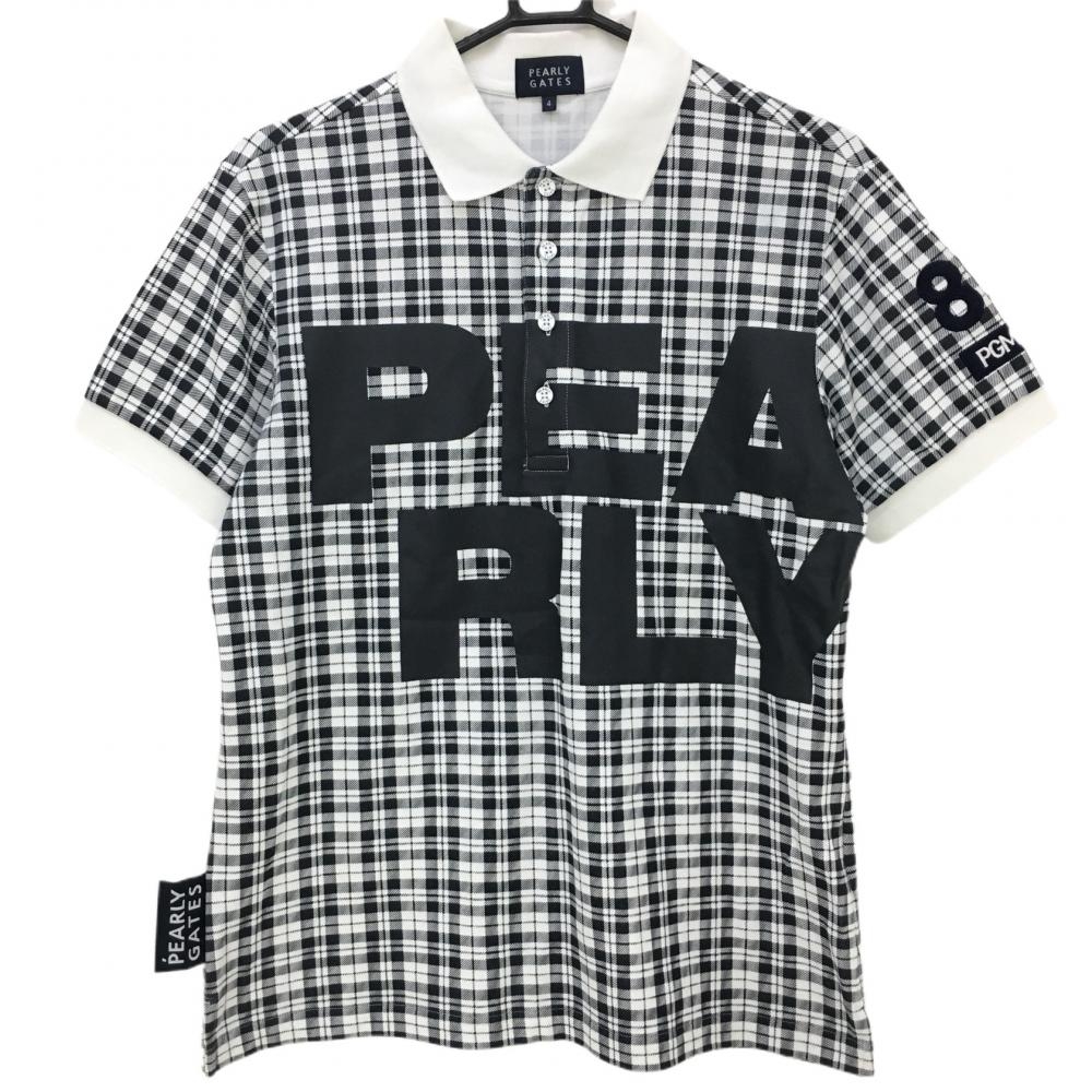 【美品】パーリーゲイツ 半袖ポロシャツ 白×黒 チェック ビッグロゴ メンズ 4(M) ゴルフウェア PEARLY GATES