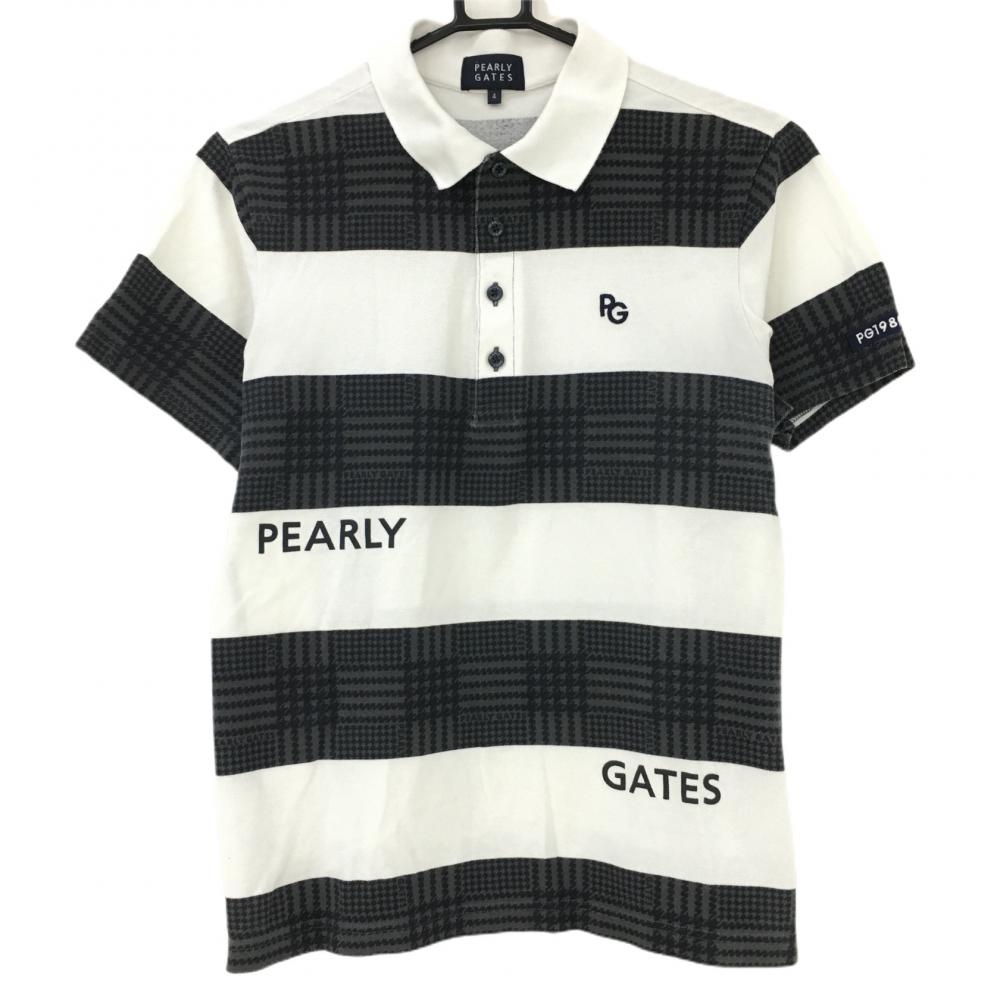 パーリーゲイツ 半袖ポロシャツ グレー×黒×白 グレンチェック 太ボーダー調 メンズ 4(M) ゴルフウェア PEARLY GATES