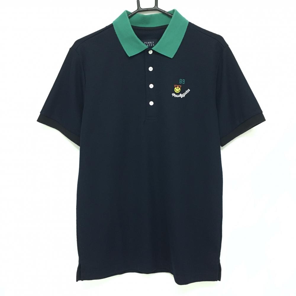 パーリーゲイツ 半袖ポロシャツ ネイビー×グリーン ニコちゃん スマイル  メンズ 6(XL) ゴルフウェア PEARLY GATES