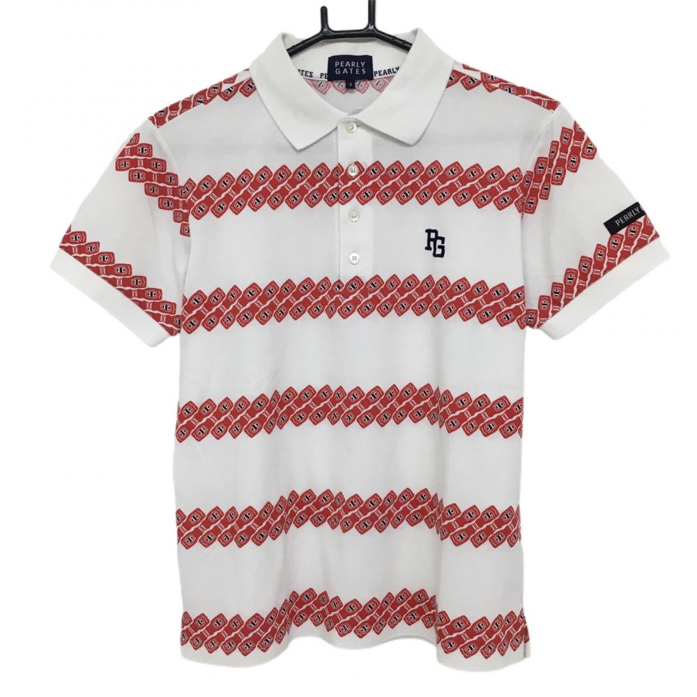 パーリーゲイツ 半袖ポロシャツ 白×レッド 総柄  メンズ 4(M) ゴルフウェア PEARLY GATES