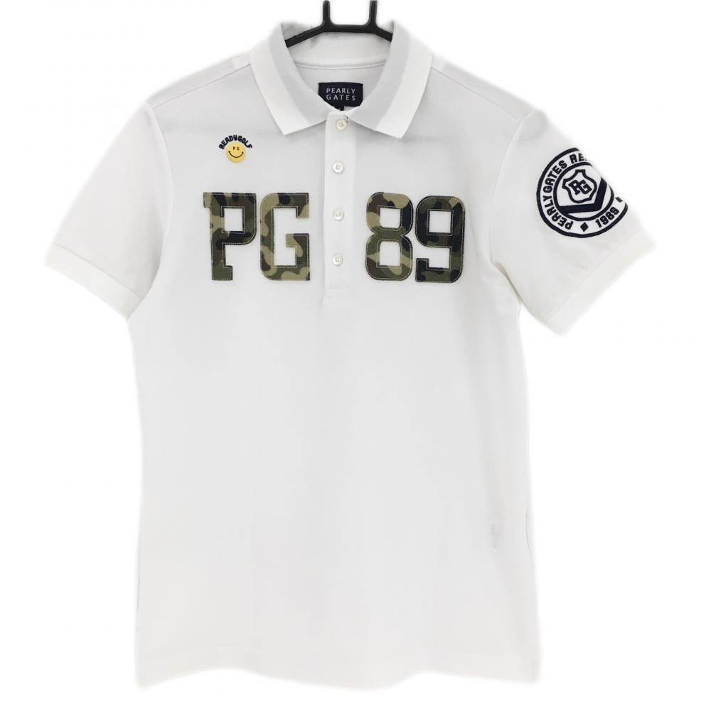 パーリーゲイツ 半袖ポロシャツ 白×カーキ ワッペンカモフラ ニコちゃん スマイル メンズ 4(M) ゴルフウェア PEARLY GATES