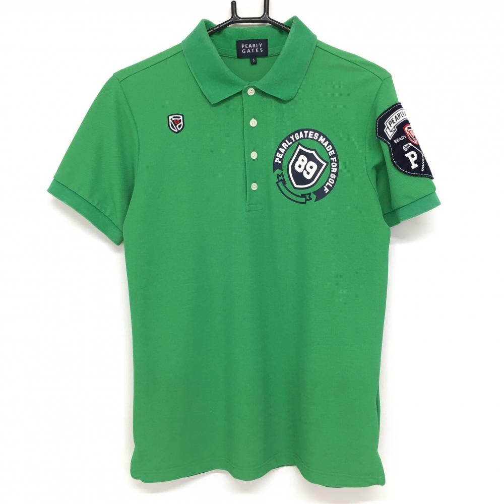 パーリーゲイツ 半袖ポロシャツ グリーン×ネイビー 袖ビッグワッペン  メンズ 5(L) ゴルフウェア PEARLY GATES