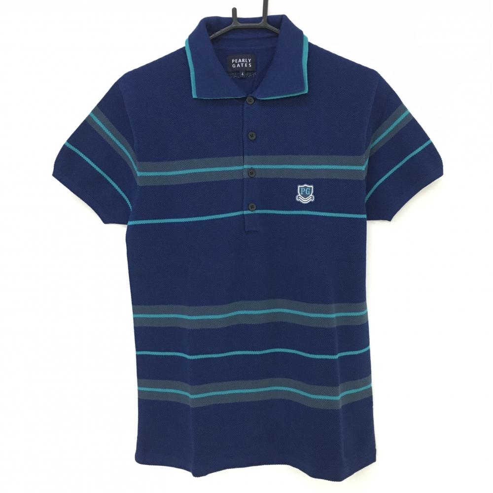 パーリーゲイツ 半袖ニットポロシャツ ネイビー×グリーン ボーダー風  メンズ 4(M) ゴルフウェア PEARLY GATES