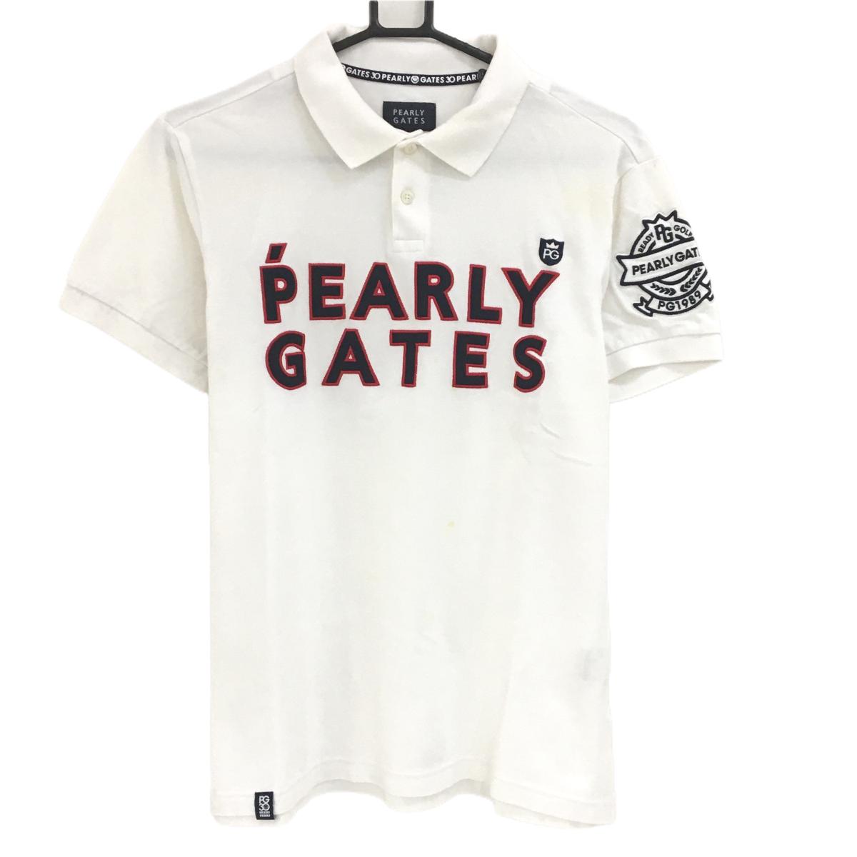 パーリーゲイツ 半袖ポロシャツ 白×ネイビー フロントビッグロゴ 30周年 メンズ 5(L) ゴルフウェア PEARLY GATES