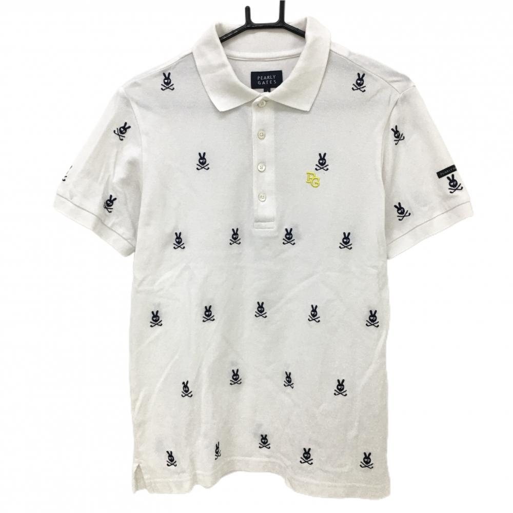 【美品】パーリーゲイツ 半袖ポロシャツ 白×ネイビー ラビット刺しゅう総柄 メンズ 4(M) ゴルフウェア PEARLY GATES