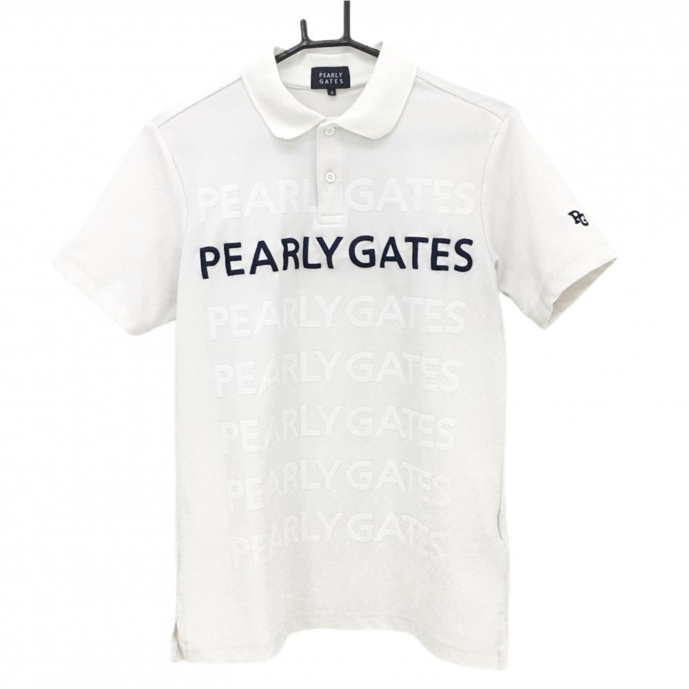 パーリーゲイツ 半袖ポロシャツ 白×ネイビー 織生地 ロゴ  メンズ 4(M) ゴルフウェア 2023年モデル PEARLY GATES