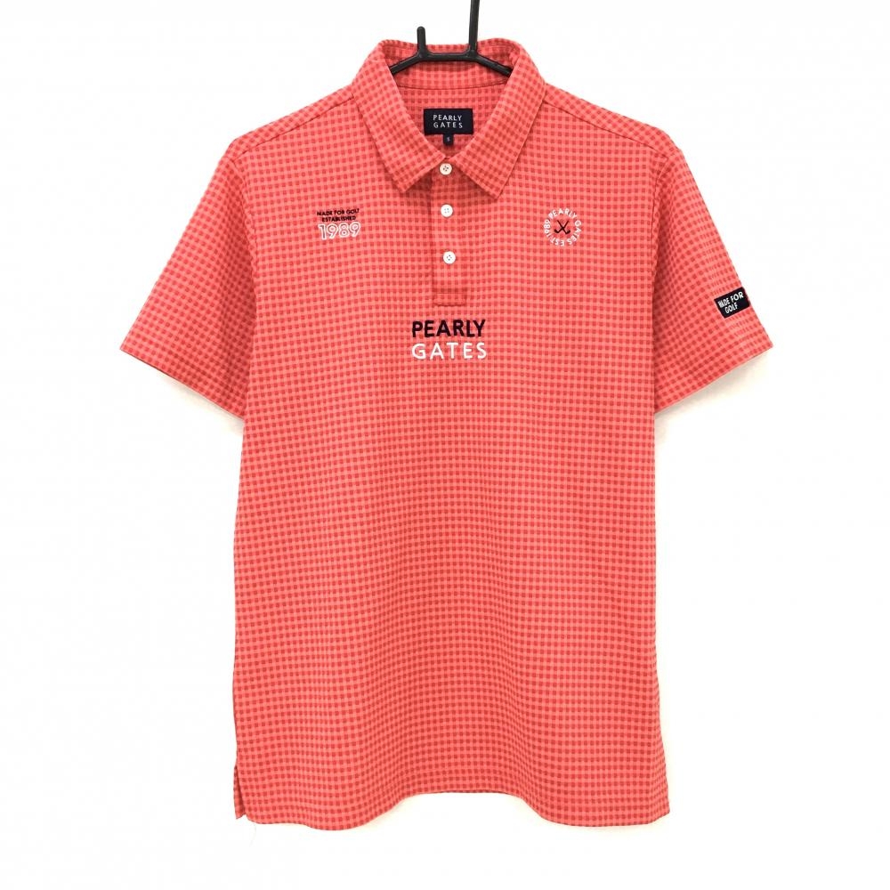 【超美品】パーリーゲイツ 半袖ポロシャツ ピンク系×レッド チェック織生地 メンズ 5(L) ゴルフウェア 2023年モデル PEARLY GATES