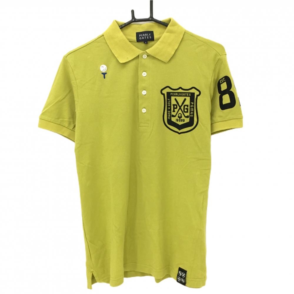 【美品】パーリーゲイツ 半袖ポロシャツ ライムグリーン×黒 襟裏ボーダー 胸ロゴ メンズ 4(M) ゴルフウェア PEARLY GATES