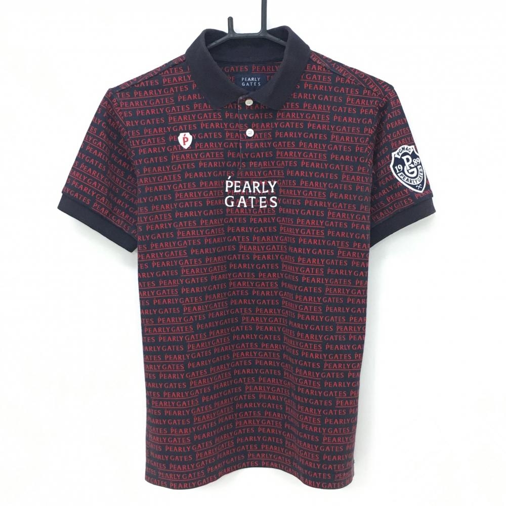パーリーゲイツ 半袖ポロシャツ ネイビー×レッド ロゴ総柄 メンズ 3(S) ゴルフウェア PEARLY GATES