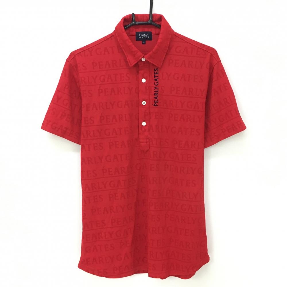 【美品】パーリーゲイツ 半袖ポロシャツ レッド ロゴ地模様 メンズ 4(M) ゴルフウェア PEARLY GATES
