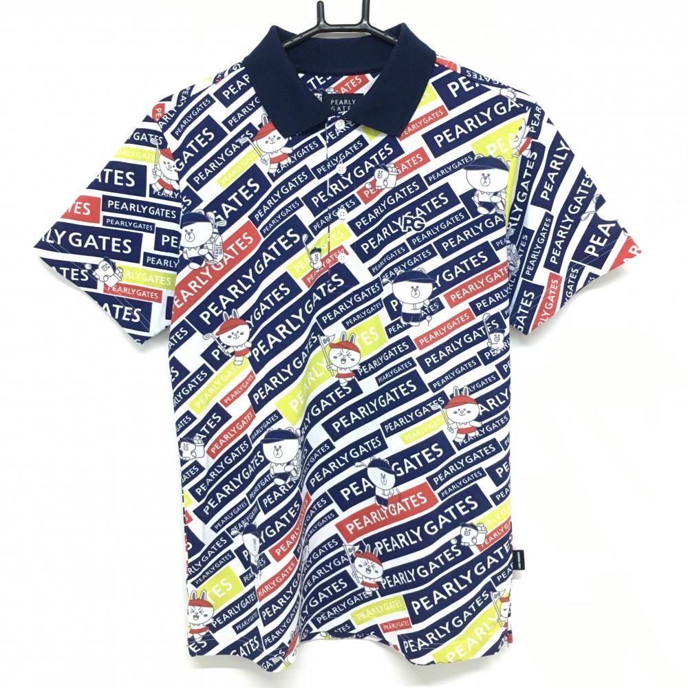 パーリーゲイツ×LINEFRIENDS 半袖ポロシャツ 白×ネイビー×レッド ロゴ総柄 コラボ メンズ 4(M) ゴルフウェア PEARLY GATES