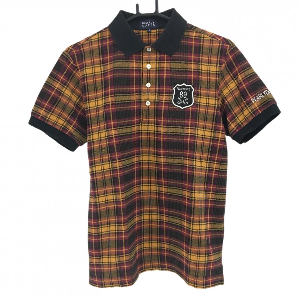 パーリーゲイツ 半袖ポロシャツ マスタードイエロー系×ボルドー系 チェック 胸ロゴ  メンズ 4(M) ゴルフウェア PEARLY GATES