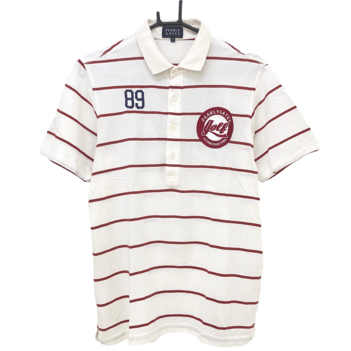 パーリーゲイツ 半袖ポロシャツ 白×ボルドー ボーダー 後ろビッグロゴ メンズ 5(L) ゴルフウェア PEARLY GATES