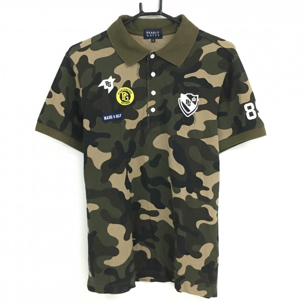 パーリーゲイツ 半袖ポロシャツ カーキ×黒×ブラウン系 カモフラ 迷彩 胸ロゴ メンズ 6(XL) ゴルフウェア PEARLY GATES