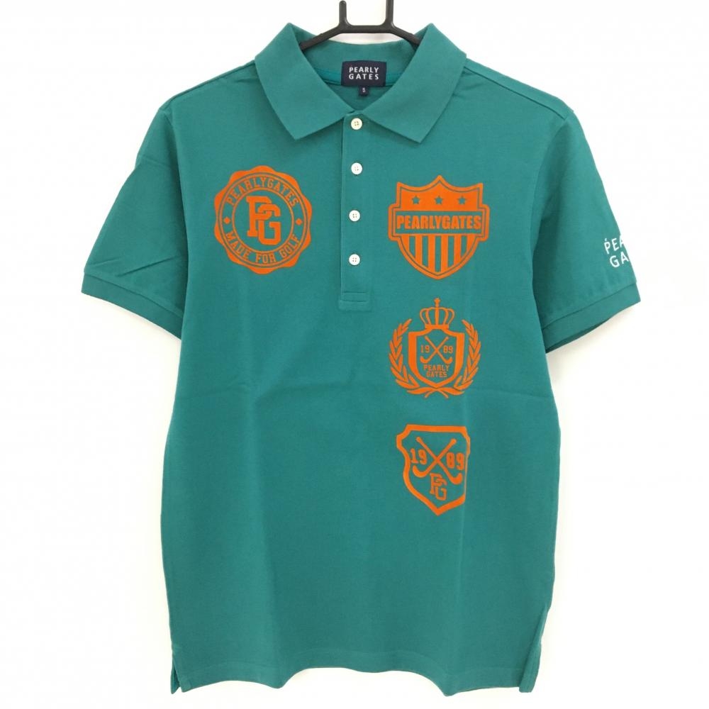 【美品】パーリーゲイツ 半袖ポロシャツ グリーン×オレンジ フロッキーワッペン  メンズ 5(L) ゴルフウェア PEARLY GATES