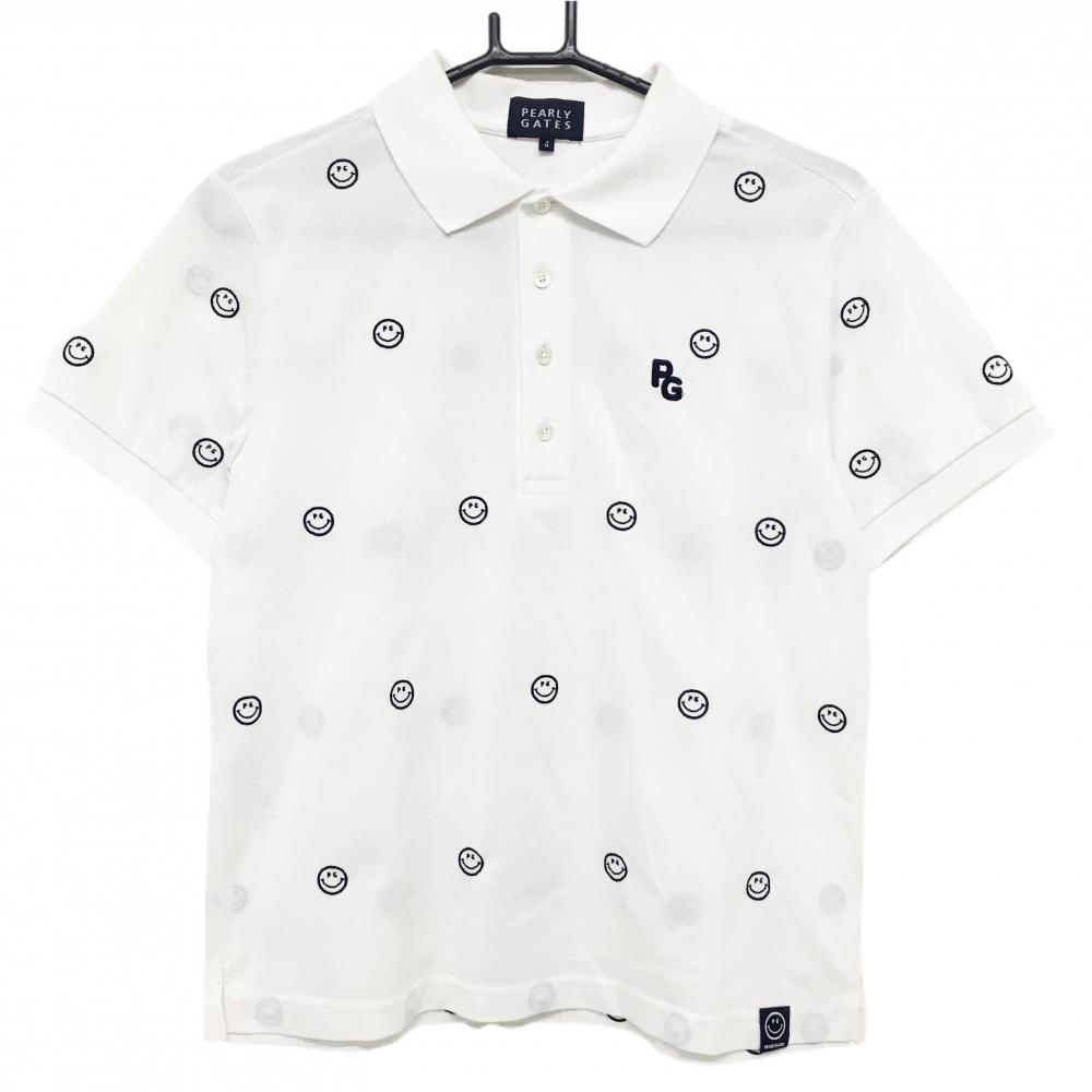 【超美品】パーリーゲイツ 半袖ポロシャツ 白×ネイビー ニコちゃん総柄 スマイル メンズ 4(M) ゴルフウェア PEARLY GATES