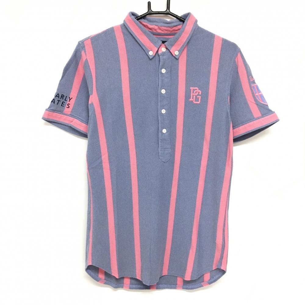 【美品】パーリーゲイツ 半袖ポロシャツ ネイビー系×ピンク ストライプ ボタンダウン メンズ 5(L) ゴルフウェア PEARLY GATES