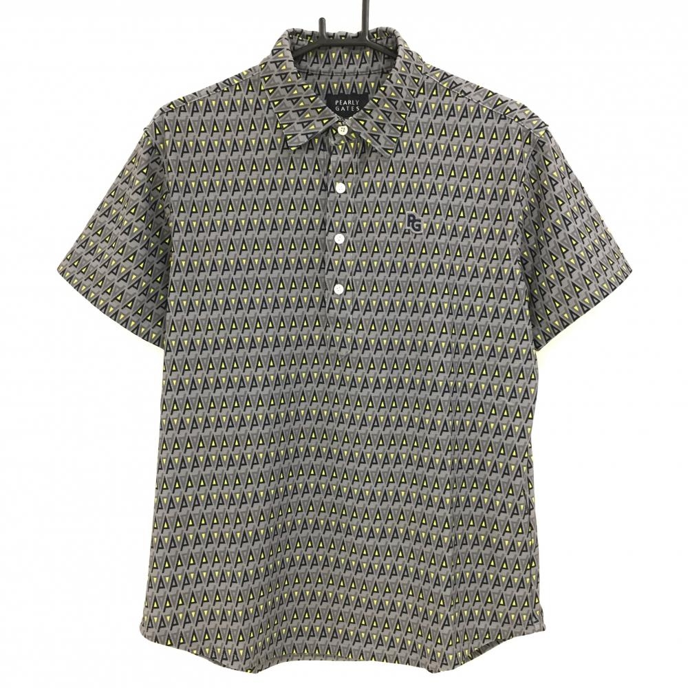 【超美品】パーリーゲイツ 半袖ポロシャツ グレー×ネイビー 総柄 ロゴワッペン  メンズ 4(M) ゴルフウェア 2024年モデル PEARLY GATES