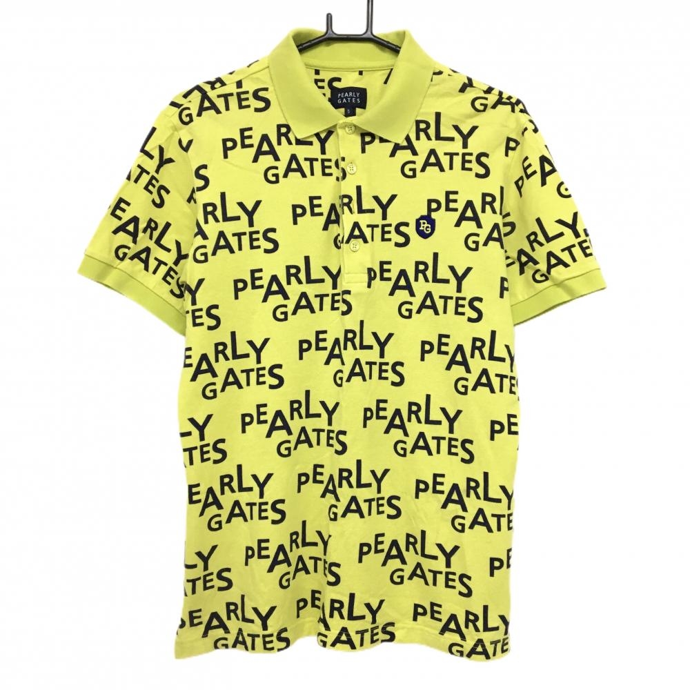 パーリーゲイツ 半袖ポロシャツ イエロー×ダークネイビー ロゴ総柄 コットン100％  メンズ 5(L) ゴルフウェア PEARLY GATES