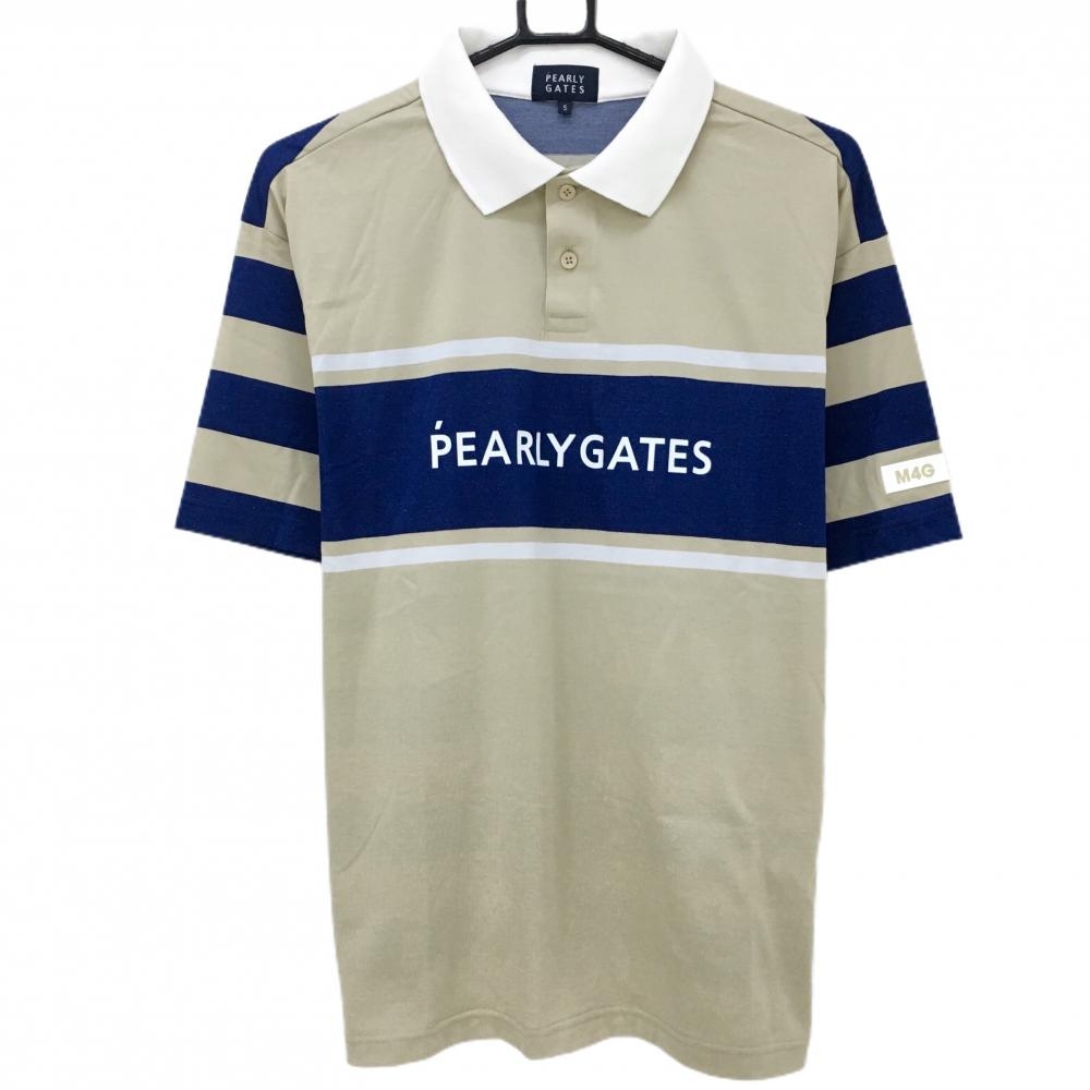 【美品】パーリーゲイツ 半袖ポロシャツ ベージュ×ネイビー 背面ボーダー メンズ 5(L) ゴルフウェア 2024年モデル PEARLY GATES