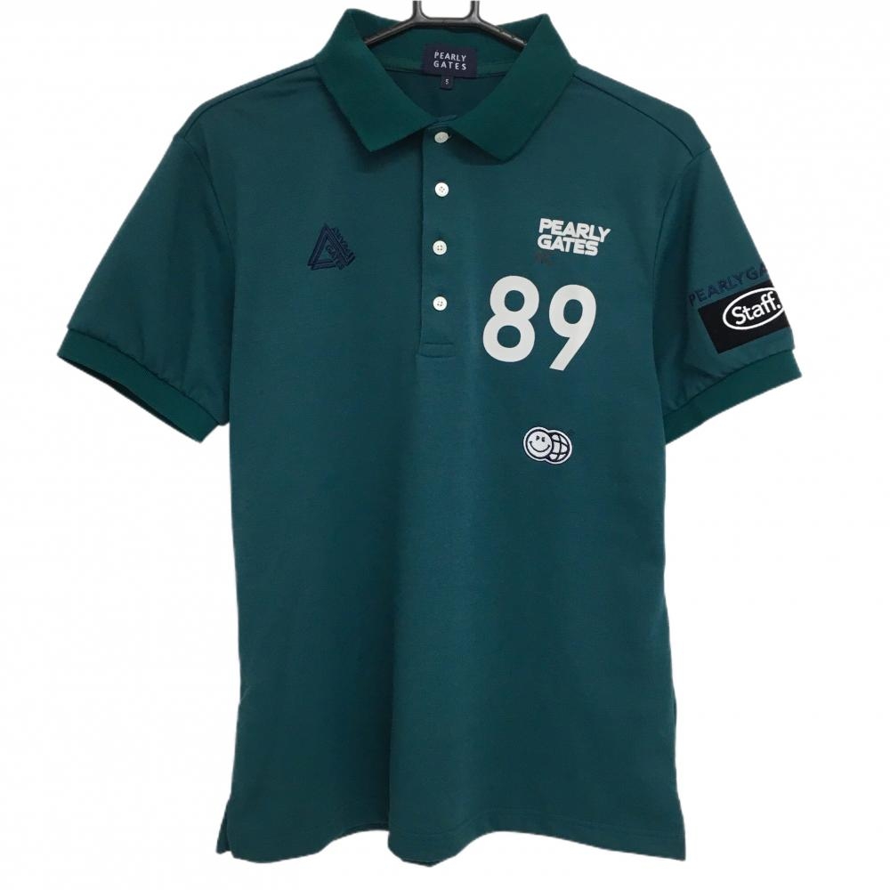 【超美品】パーリーゲイツ 半袖ポロシャツ グリーン 背面ロゴ ニコちゃん スマイル  メンズ 5(L) ゴルフウェア 2024年モデル PEARLY GATES