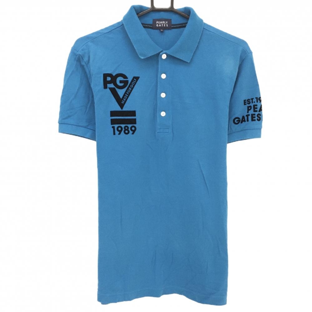 パーリーゲイツ 半袖ポロシャツ ライトブルー×黒 フロッキープリント コットン100％ メンズ 5(L) ゴルフウェア PEARLY GATES