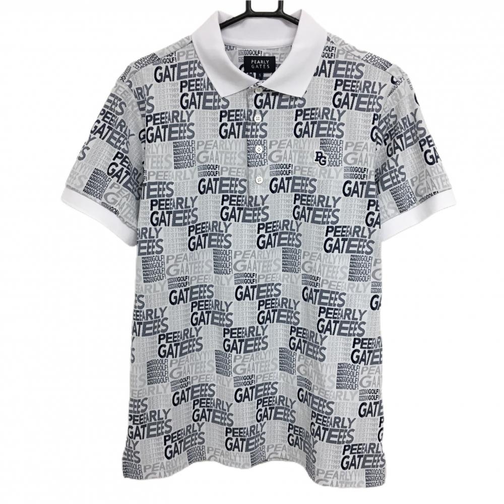 【超美品】パーリーゲイツ 半袖ポロシャツ 白×ネイビー×ライトグレー ロゴ総柄 メンズ 5(L) ゴルフウェア 2024年モデル PEARLY GATES