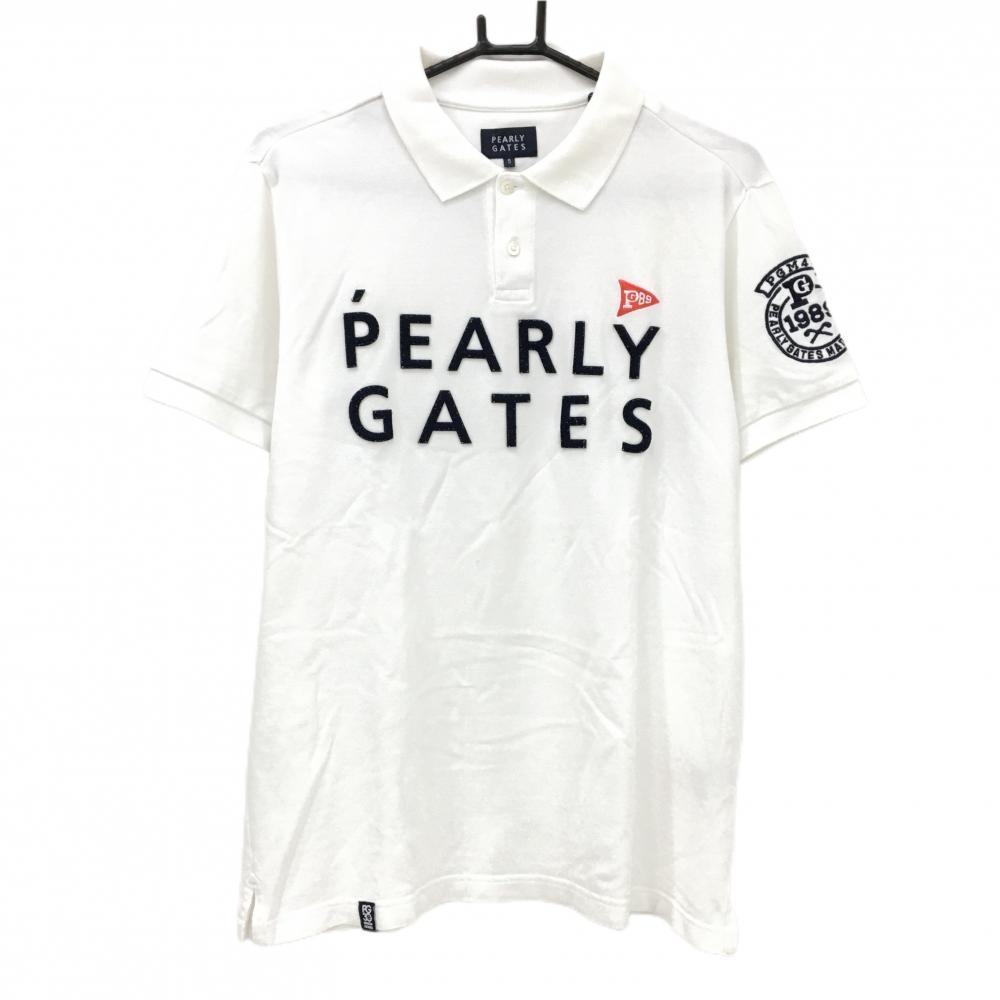 パーリーゲイツ 半袖ポロシャツ 白×ネイビー フェルトワッペン メンズ 5(L) ゴルフウェア PEARLY GATES