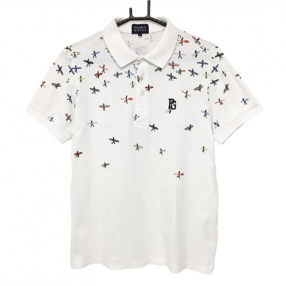 パーリーゲイツ 半袖ポロシャツ 白×ブルー 上部サーファー柄 メンズ 5(L) ゴルフウェア PEARLY GATES