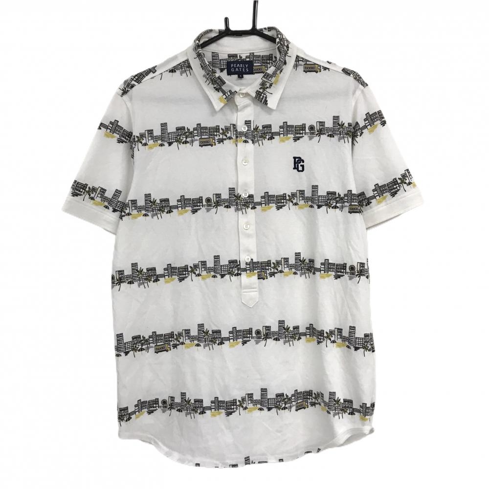 パーリーゲイツ 半袖ポロシャツ 白×グレー系 ボーダー風 ヤシの木 ビル  メンズ 6(XL) ゴルフウェア PEARLY GATES